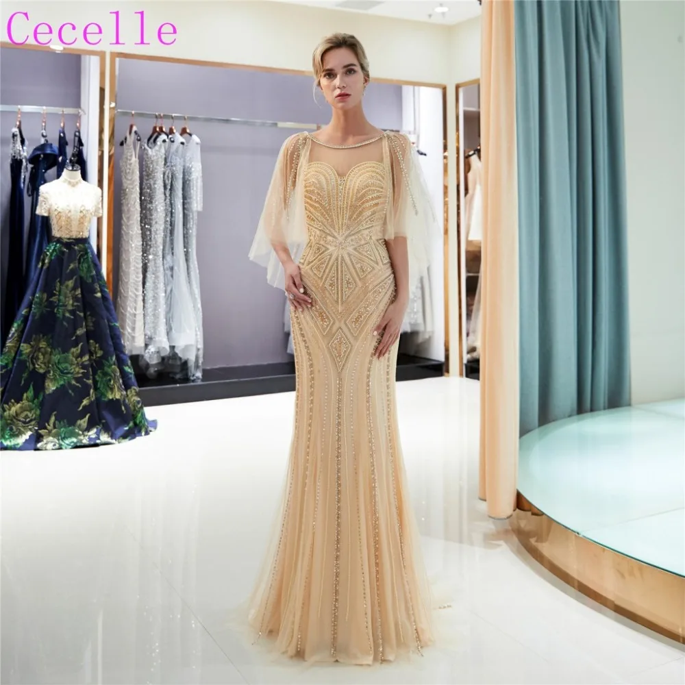 2019 Heavily Beading Champagne long Mermaid Prom Dresses With Flutter Sleeves Sheer Neck Women Formal Evening Party Dress | Свадьбы и