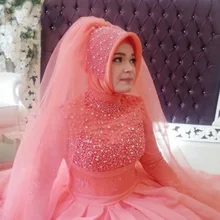 Turky Bridal Gowns Handcraft Vestito Da Sposa with Beads Pearls Red Muslim Wedding Dresses with Hijab Ruched Robes De Maraige