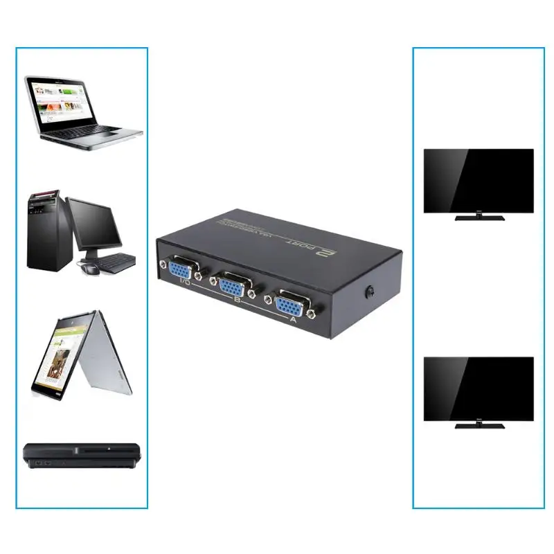 130 мГц от 1 до 2 Мониторы переключатель VGA Video Splitter конвертер адаптер Box 2 порты и разъёмы HD 1280X1600 VGA Обмен переключатель