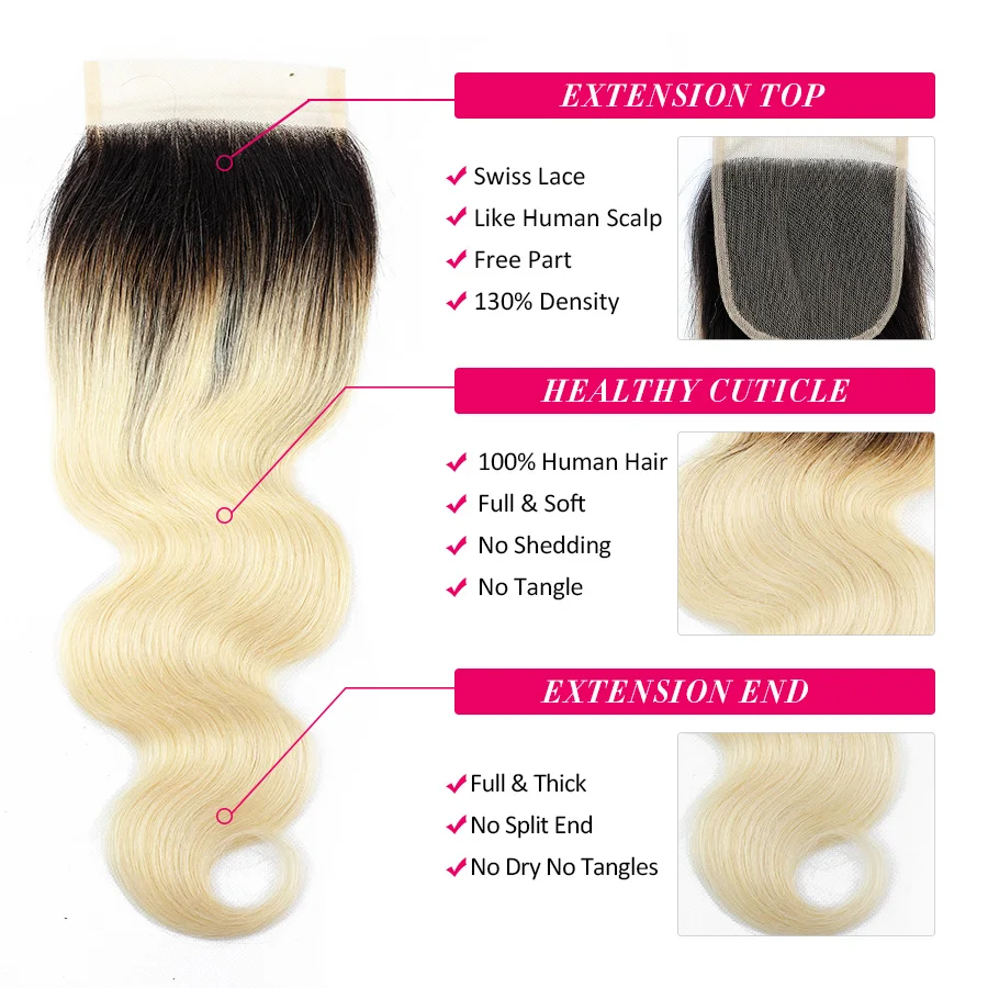 Cynosure Brazilian Hair Weave 3 Bundles with Closure 1b 613 Dark Roots Blonde Body Wave Human Hair Bundles with Closure NonRemy