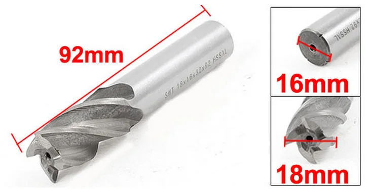 

HSS-AI Milling Cutter Tool Straight End Mill 18mm x 16mm x 32mm x 92mm 4 Flutes