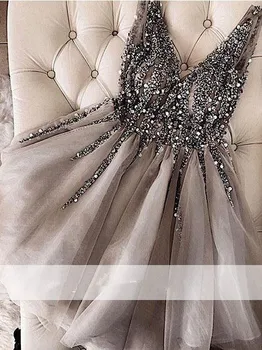 

Gray Elegant Cocktail Dresses A-line V-neck Tulle Beaded Crystals Party Plus Size Homecoming Dresses