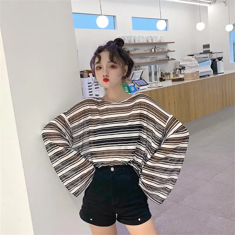 

Loose Transparent Striped Crew Neck Long Sleeve T-shirt Women's Tshirts Japan Kawaii Ulzzang Female Sweet Lovely Harajuku Tshirt