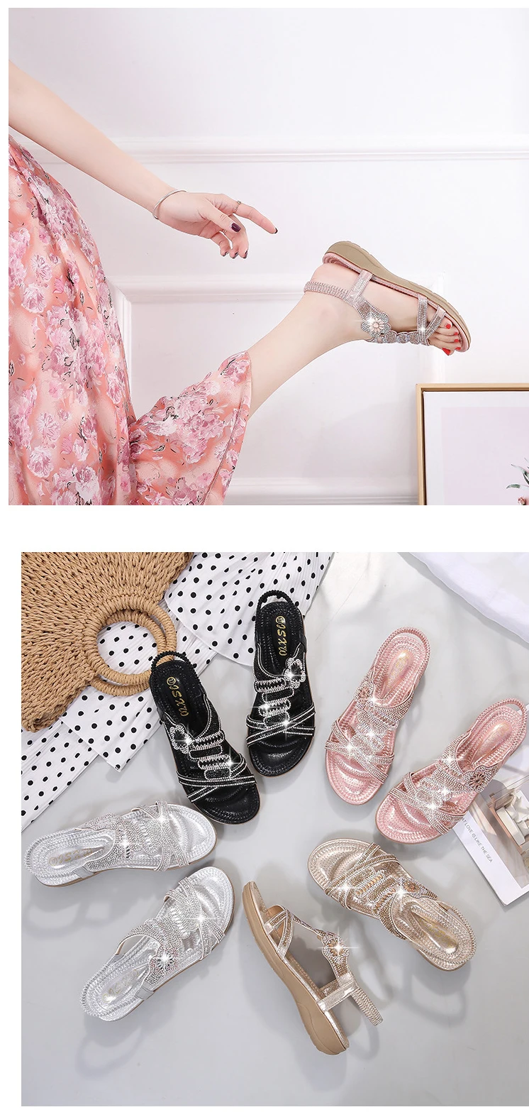 Gykaeo/Модные женские босоножки на плоской подошве; Цвет серебристый, золотой; вечерние летние туфли со стразами; женские сандалии на низком каблуке; Sandalias Mujer; коллекция года; большие размеры