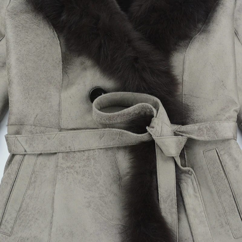 Real Fur Shearling Coat Women Real Fox Fur Collar Natural Rabbit Fur Shearling Outwear rf0289