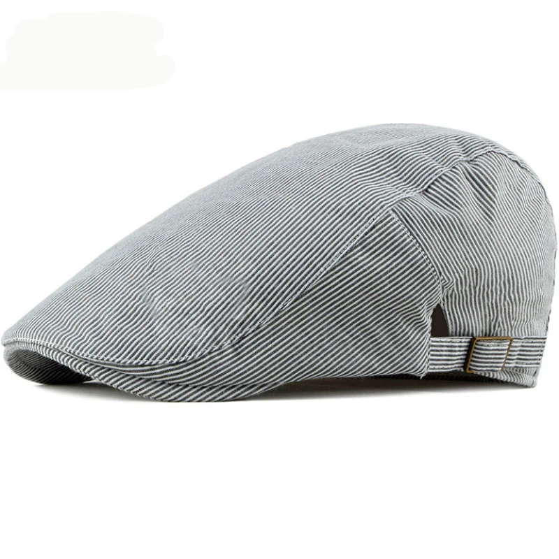 

HT2500 Spring Summer Men Women Cap Sun Hat Vintage Striped Ivy Newsboy Flat Cap Adjusted Retro Cotton Beret Men Women Beret Cap