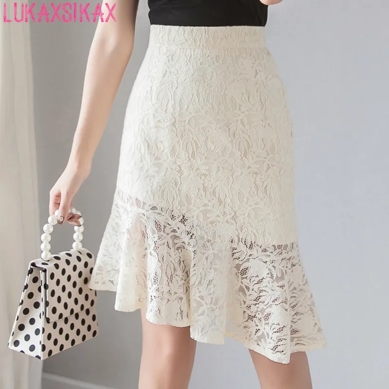

LUKAXSIKAX 2019 Spring Summer Women Skirt Korean Style High Waist Midi Skirt Sweet Irregular Mermaid Lace Skirt