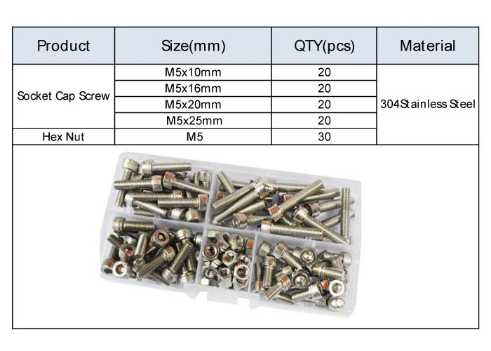 Винты с шестигранной головкой Кепки винт метрической резьбы шестигранник Аллен головки болтов гаек винтов комплект кабельные наконечники в наборе для коробка 110 шт, 304 Нержавеющая сталь M5