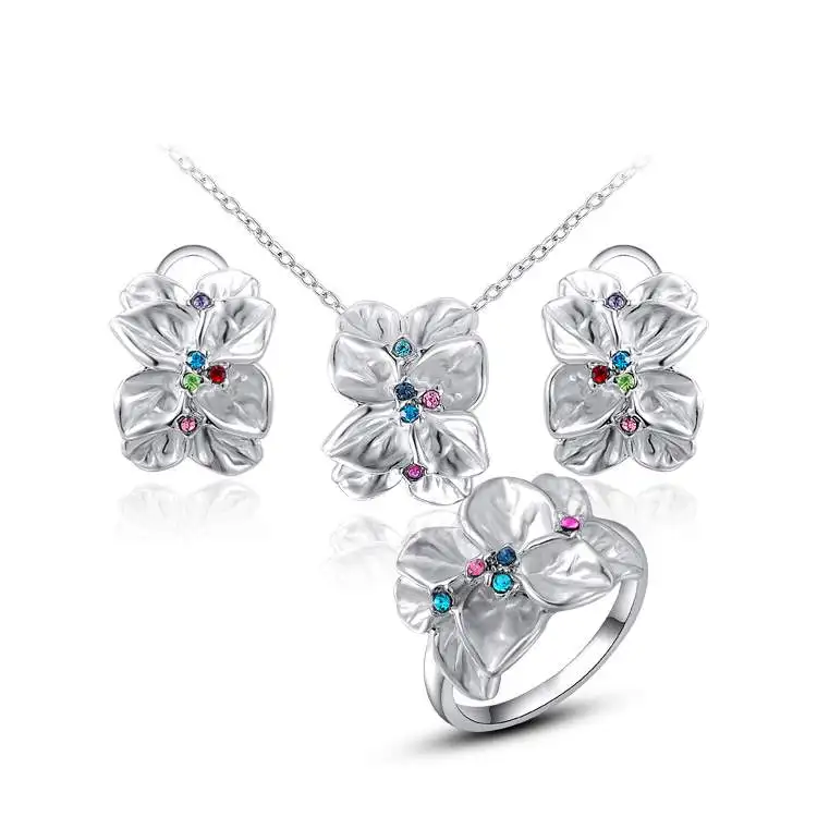 Delicate RHao Women Christmas Multi Crystal Flower necklace and earring and rings jewelry sets for women