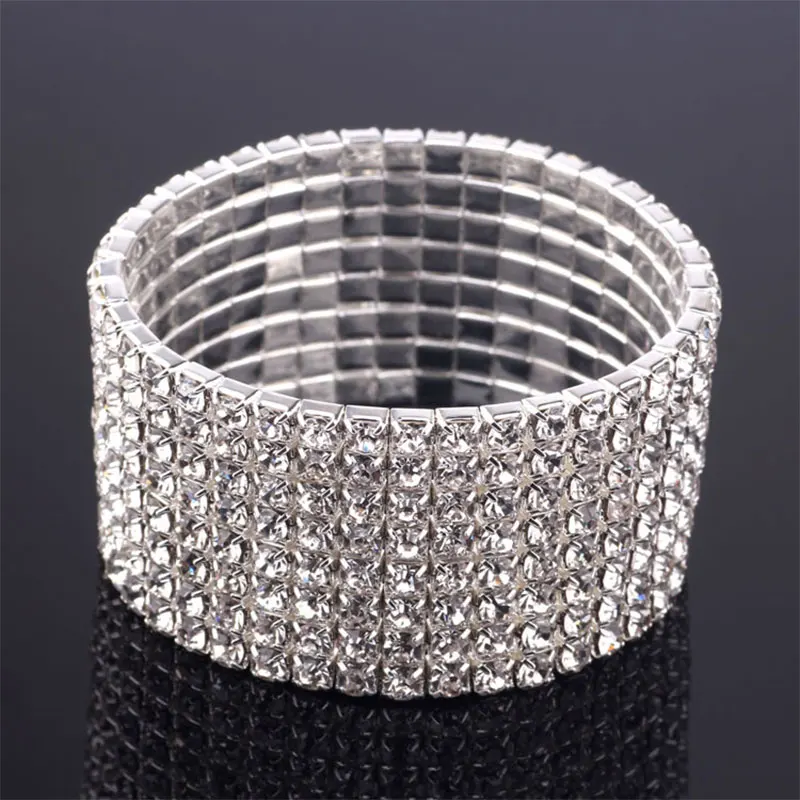 

Bling! Golden Silver Full Rhinestones Multi-row Elastic Bracelet Nightclub Bar Stage Show Jewelry