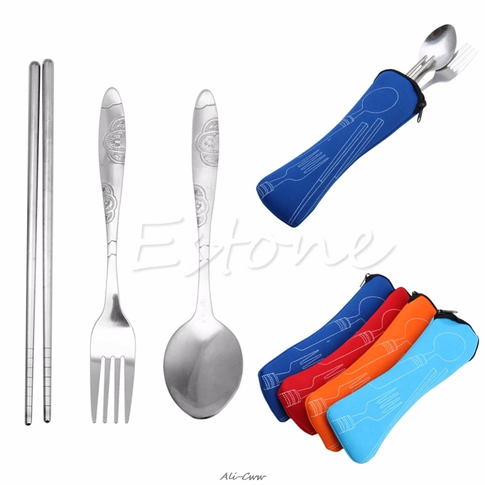 

3Pcs Chopstick Spoon Fork Stainless Steel Zipped Bag Cutlery Set Travel Picnic