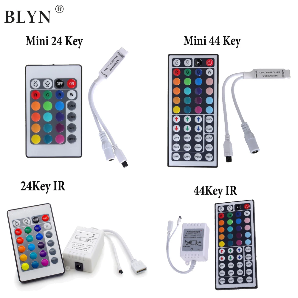 cheap BLYN LED RGB Controller Dimmer 4Pin DC5V 12V 24V 6A Mini 24 44 Key IR Remote Controler Wireless For 5050 3528 RGB LED strips