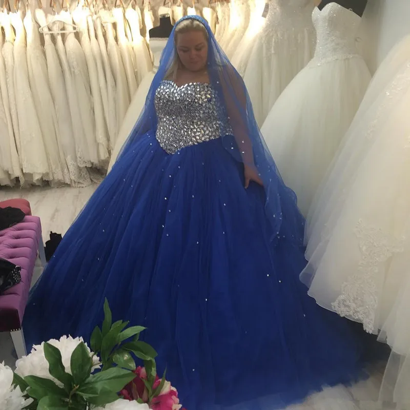 

Plus Size 2017 New Sexy Sweetheart Blue Beads Tulle Ball Gown Wedding Dress Bridal Gown vestido de noiva robe de mariage