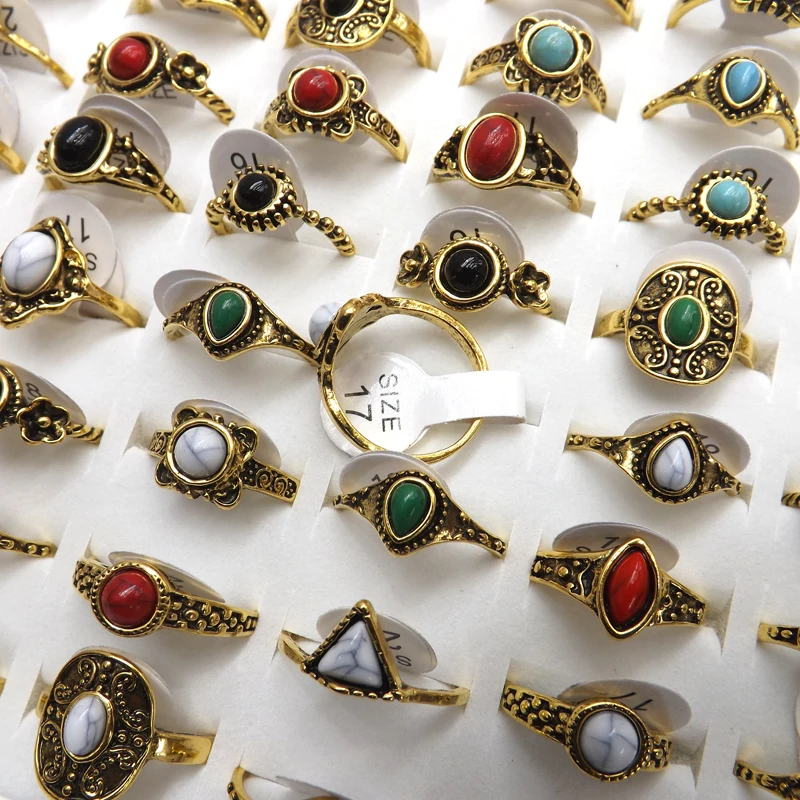 XiaoYaoTYM 50pcs Tibetan Vintage Style Rings Semi Precious Stone Rings For Women High Quality Rings
