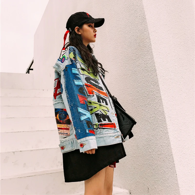 Унисекс Harajuku уличная хип-хоп джинсовая куртка с принтом граффити джинсовая куртка с длинным рукавом для женщин Лоскутная Повседневная Верхняя одежда
