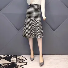 Новые поступления, шерстяные клетчатые юбки для женщин, Осень-зима, плотные теплые юбки с кисточками, Хаундстут, Юбки Русалки 2981LY