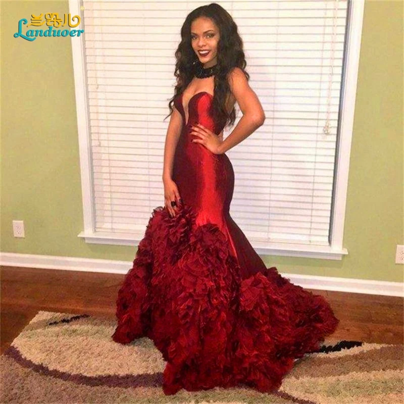 Burgundy Prom Dresses 2017 Mermaid Ruffles Black Girl Wine Red Mermaid