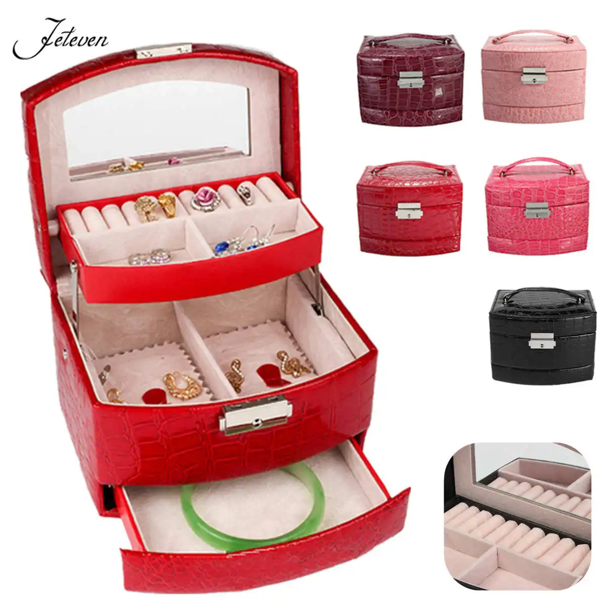 High Grade Leather Jewelry Display Box 3 Layers Ring Necklace Holder