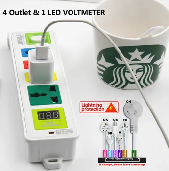 

AU EU UK US 4 Outlet voltmeter socket with Lightning protection system
