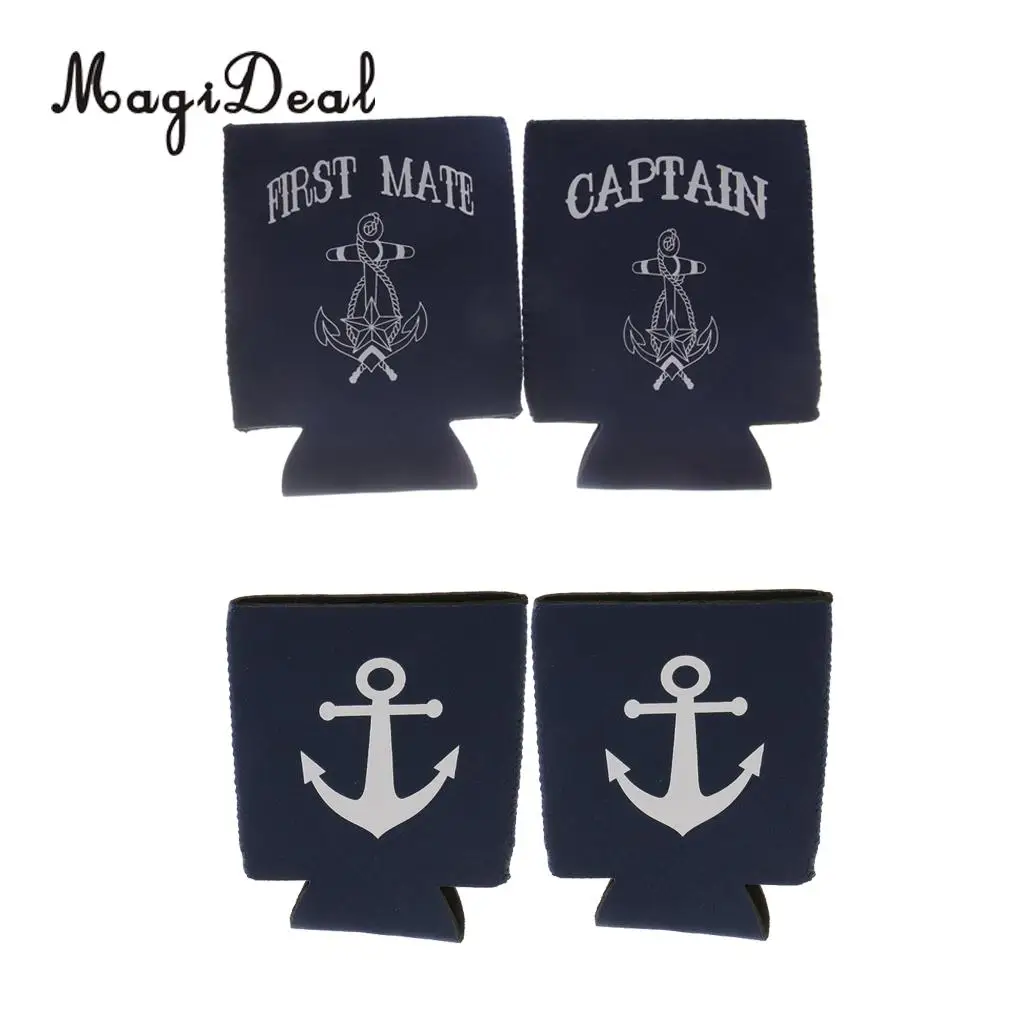 2 Pair Captain First Mate Anchor Beer Soda Can Cooler Insulation Neoprene Sleeve Holder Wedding Favor