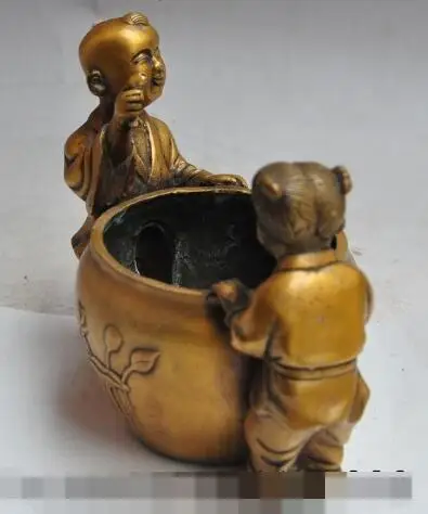 

S2072 7"Lucky Chinese folk Bronze boy girl child lotus catch fish statue Pot Tank Jar discount 30% (C0324)