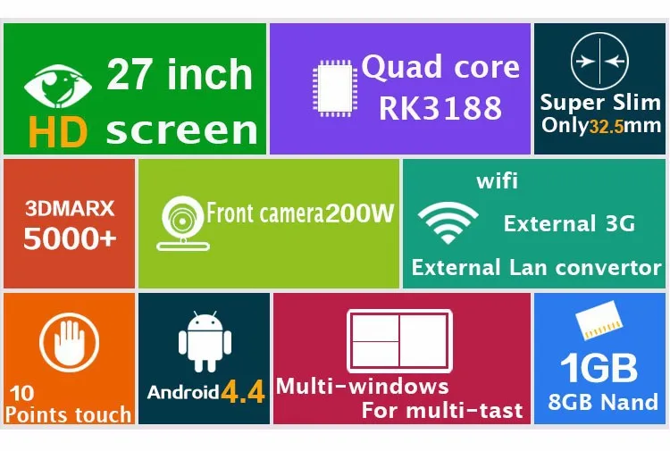 27 дюймов Android все в одном ПК(сенсорный экран, Rockchip3188, quad core, 1 ГБ DDR3, 8 ГБ nand, 5 M камера, 3 W* 2 динамиками, VESA, Bluetooth