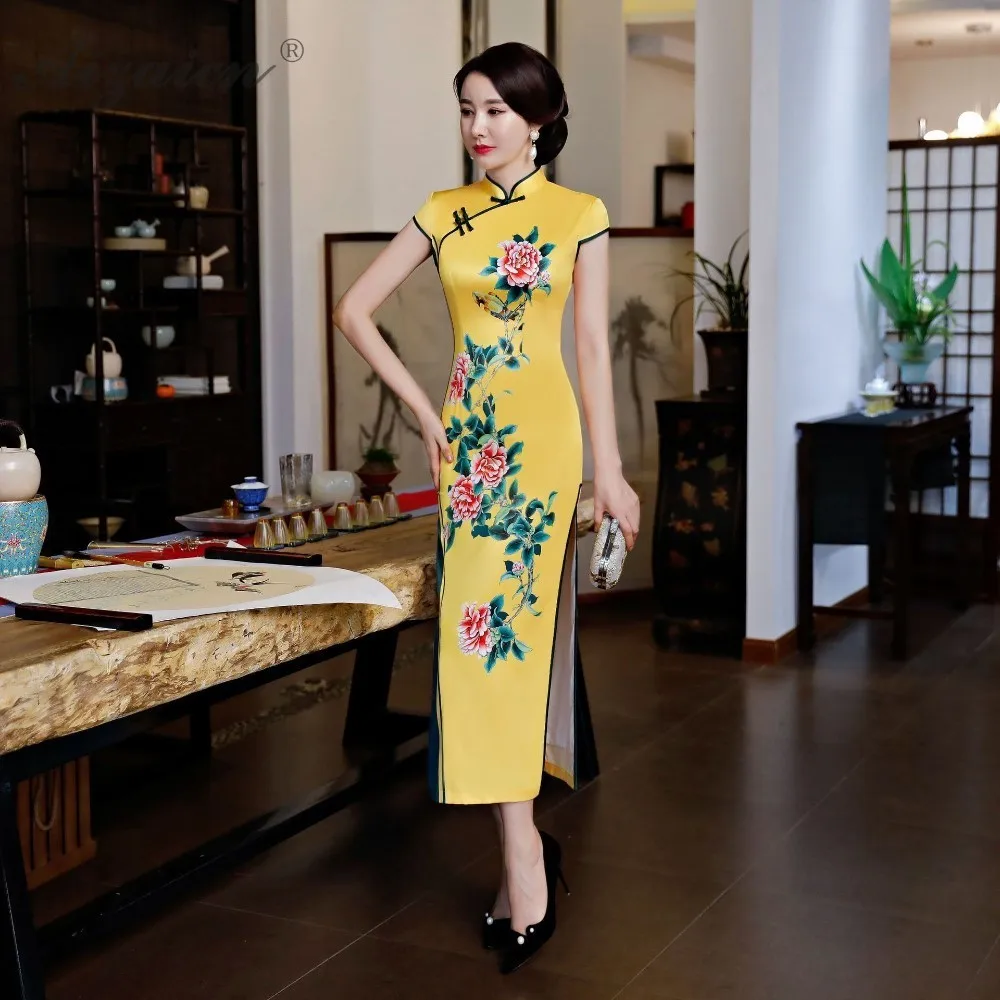 Восточный стиль винтажное платье подобные шелковые Cheongsam Длинные Желтые платья Chinoise печати Qi Pao для женщин китайское традиционное платье