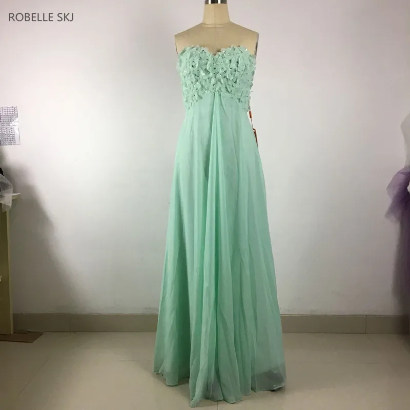 

Mint Green Strapless with Beaded Belt Prom Dress Long Chiffon Evening Dress Gown Side Slits Vestidos de Noche
