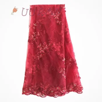 

African Guipure Lace Fabric 2017 High Quality Red Embroidery Beaded Lace Fabric African French Tulle Lace Fabric