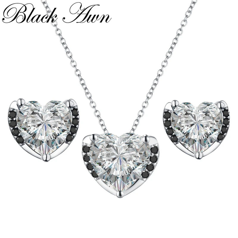 

[BLACK AWN] 925 Sterling Silver Jewelry Sets Black Spinel Heart Women's Wedding Necklace Pendant Earrings Set Z004