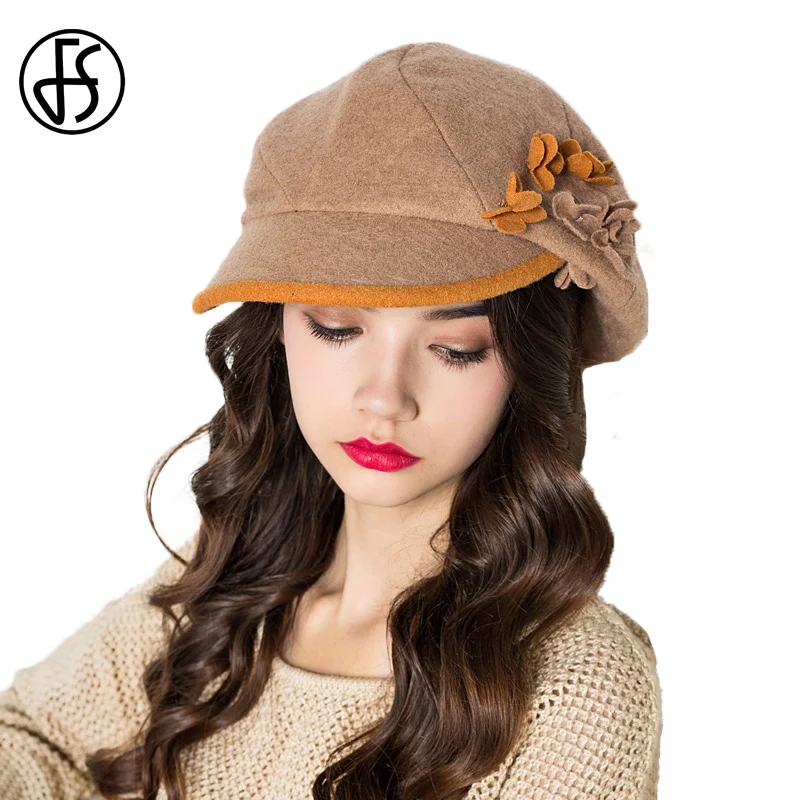 

FS Fashion Wool French Beret Women Khaki Blue Orange Gray Autumn Winter Flower Berets Hat Newsboy Cap Gatsby Tweed Hats