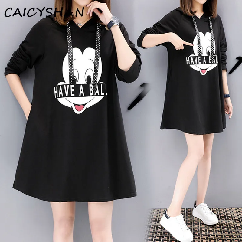 

New Autumn Women Dresses Plus Size Fashion Casual Loose Pattern Print Hooded Sweatshirts Dress For Women Large A-Line One-Piece