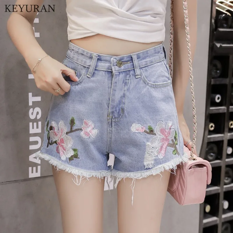 New Fashion Peach Flower Embroidery High Waisted Women's Denim Shorts Summer Ripped Short Jeans