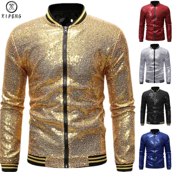 

Mens Shiny Gold Sequin Bomber Jackets 2019 Brand New Sequins Baseball Jacket Men Club DJ Stage Singer Jacket Veste Homme XXL