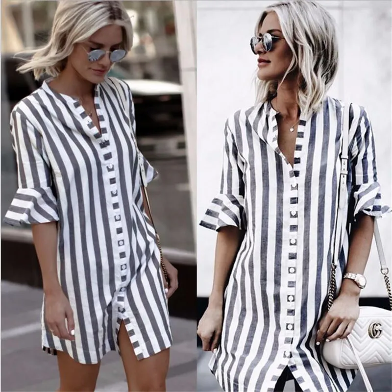

Women Shirts Patchwork Design Turn-down Collar Flare Sleeve Striped Shirts Button Decor Office Lady Summer Autumn Slim Shirts