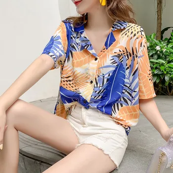 

Women Vintage Harajuku Blouse Leaves Printed Korean Short Sleeve Casual blusas Hawaiian Beach Female V Neck Shirts For Girls