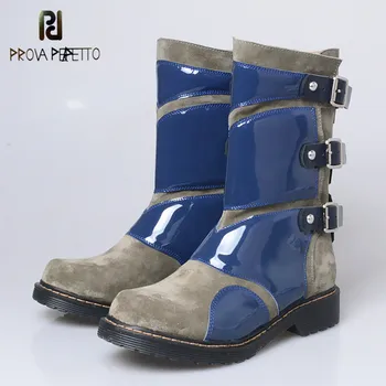 

Prova Perfetto New Fashion Blue Patchwork Women Martin Boots Genuine Leather Buckle Flange Low Heel Woman Boots Platform Shoes