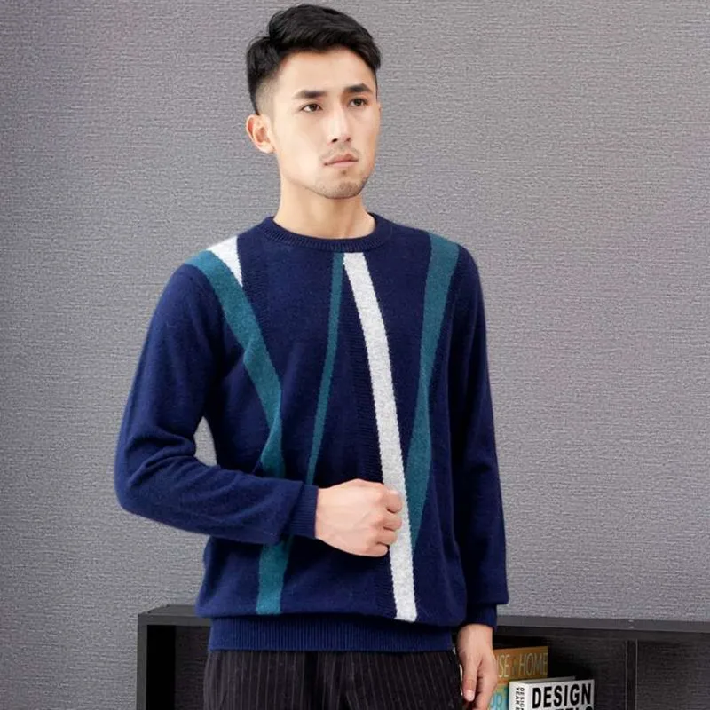 

LHZSYY 100% Pure Cashmere Sweater New Men' Splice Thicken Warm O Neck Bottoming Shirt 2019Autumn Winter High-Grade Knit Pullover