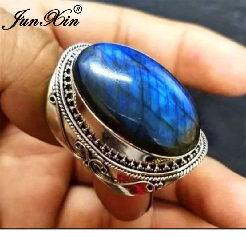JUNXIN Blue Moonstone Oval Big Rings For Mens Antique 925 Silver Filled Christmas Fashion Jewelry Boho Wide Wedding Ring Male