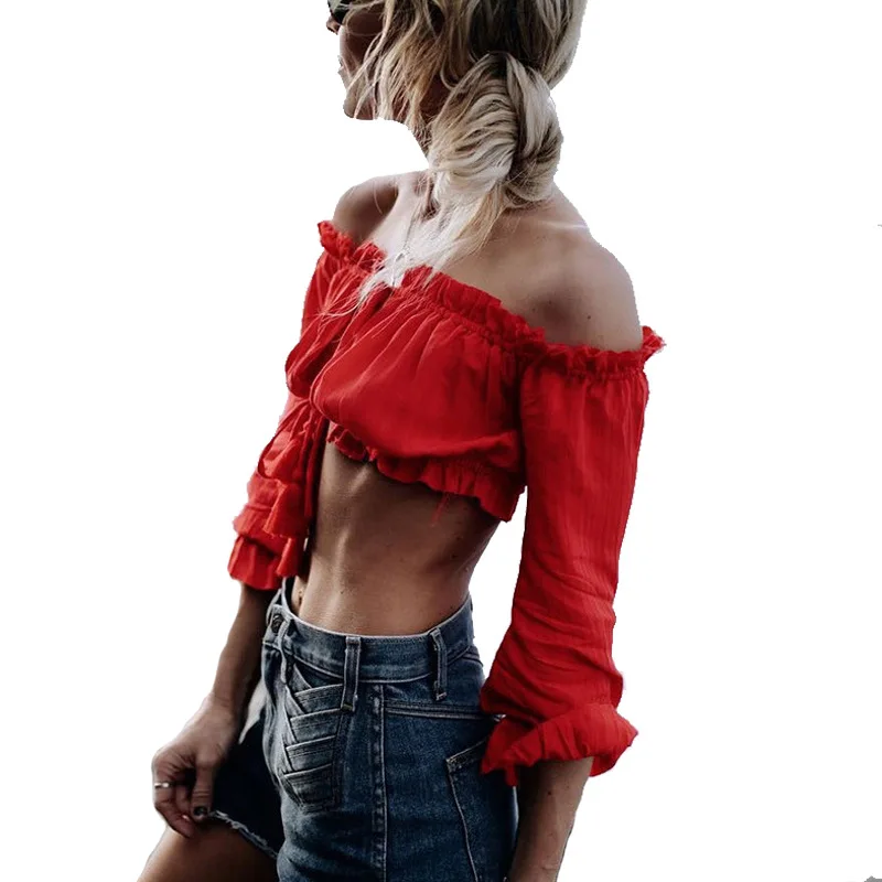 

Red Off Shoulder Chiffon Tank Tops Sexy Flare Sleeve Bow Tie Front Camis Women Crop Top Cool Girls Streetwear Tees 2019