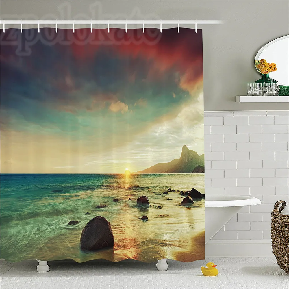 Seaside Decor Shower Curtain Set Sunrise over the Sea Tropical Water