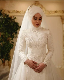 Vestido De Noiva элегантное мусульманское свадебное платье с длинным рукавом и круглым вырезом, фатиновое платье на молнии сзади, кружевные исламские Свадебные платья - Цвет: color as picture