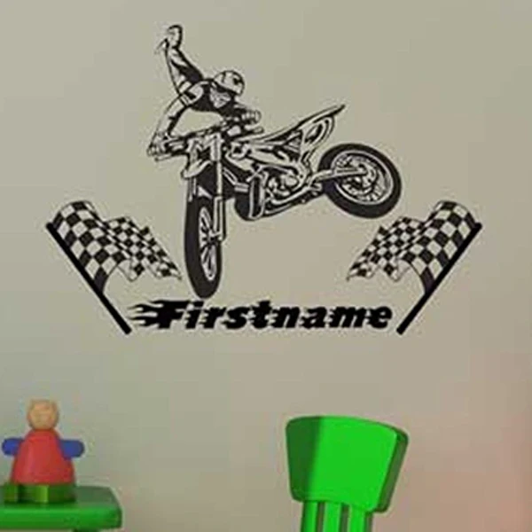 مشخصنة motocross فينيل جدار ملصق مجموعة مثالية نوم زائد اسم الشارات حائط غرفة الاطفال الديكور