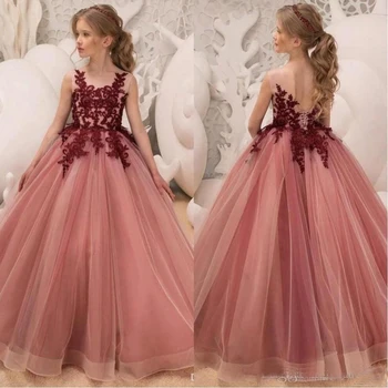 

2019 New Lace A Line Flower Girls Dresses Jewel Neck Tulle Applique Party Dresses Princess Kids Party Birthday Gowns