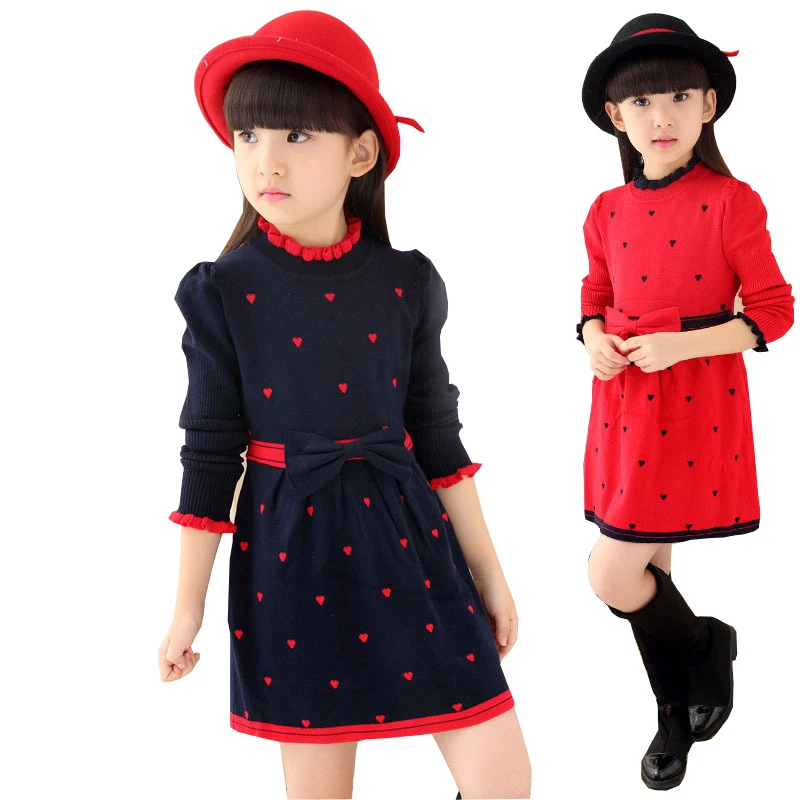 Детское осенне-зимнее платье для девочек цельнокроеное платье-свитер с бантом и принтом в форме сердца, вязаное платье-свитер нарядное хлопковое платье для девочек