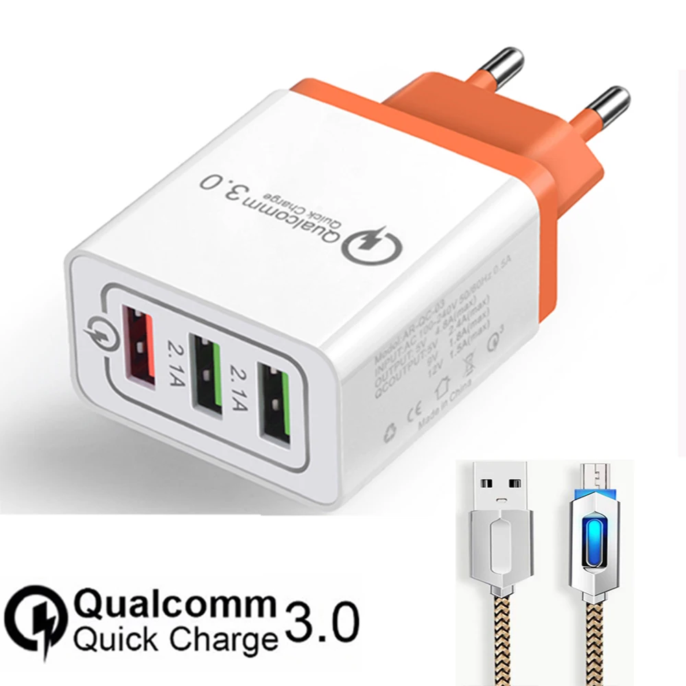 

Quick Charge 3.0 Mobile Phone Charger 9V1.8A/5V2.4A/12V1.5A 3 usb port Adapter for iPhone Charger for SamsungS9 Xiaomi USB Cable