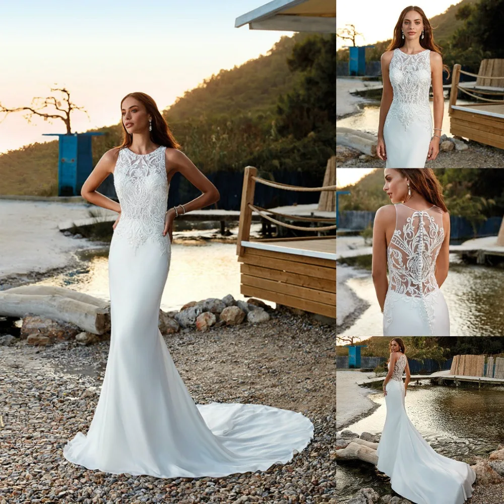 

2019 Mermaid Wedding Dresses Jewel Sleeveless Lace Appliques Satin Dreams Bridal Gowns Custom Made Sweep Train Wedding Dress