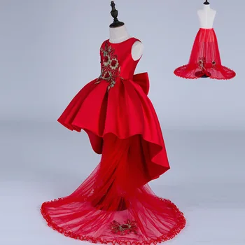 

Chinese Style Spring Autumn Trail Girls Costumes Red Bowknot Children Princess Dress with Red Mesh Kids Clothing Silk