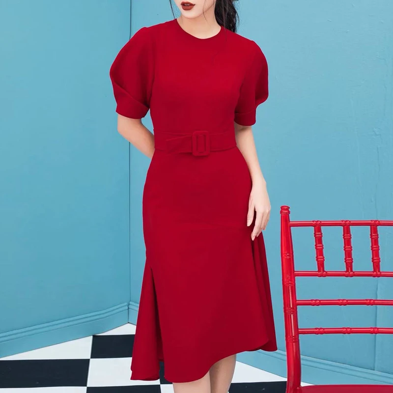INDRESSME Новое асимметричное платье с пышными рукавами рюши пояс сексуальное модное