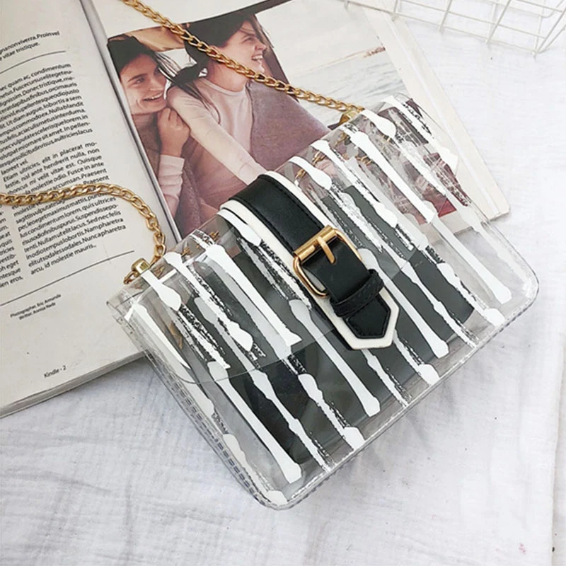

FGGS-Striped Clear Transparent Pvc Women Messenger Crossbody Bag Chains Jelly Summer Beach Bag 2Pcs Women Handbag